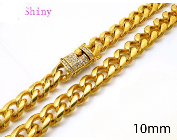 8/10mm Polished Miami Cuban Chain Necklace with CNC Zircon Lock Button Clap - kalen