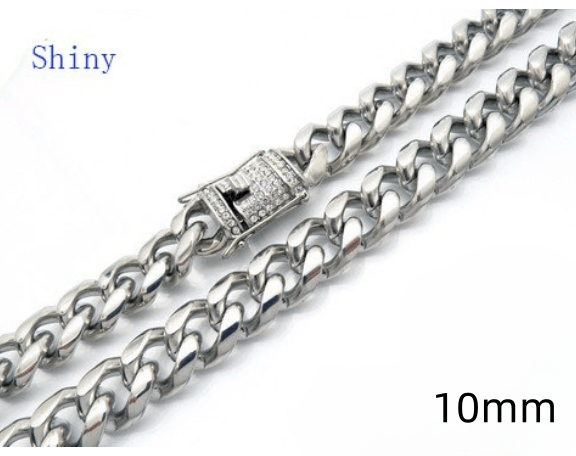 8/10mm Polished Miami Cuban Chain Necklace with CNC Zircon Lock Button Clap - kalen