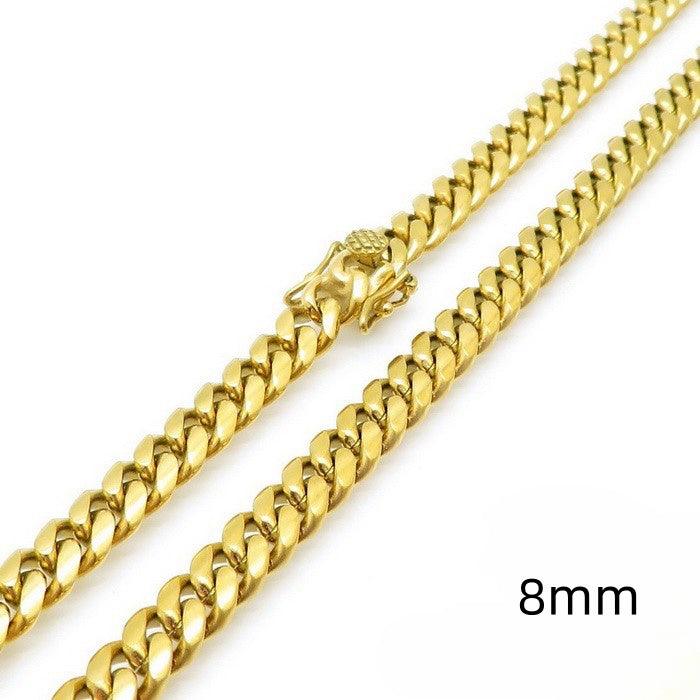 8/10mm Polished Miami Cuban Chain Necklace with CNC Zircon Lock Button Clap - kalen