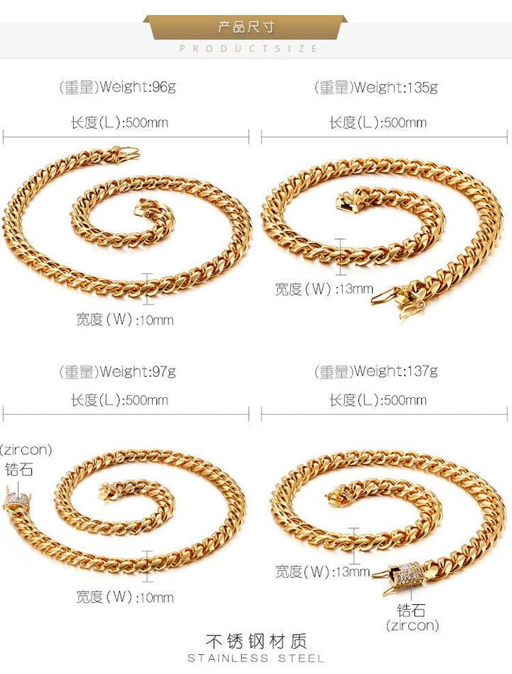 8/10mm Polished Miami Cuban Chain Necklace with CNC Zircon Lock Button Clap - kalen