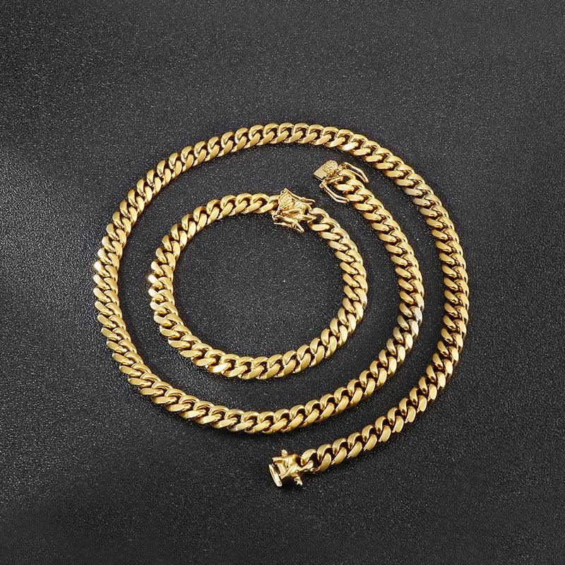 8mm Polished Miami Cuban Link Chain Bracelet Necklace Set With With Lock Clap - kalen
