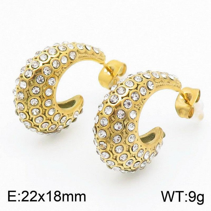 Kalen Stainless Steel Gold Plated Crystal CZ C-shaped Stud Earrings for Women - kalen