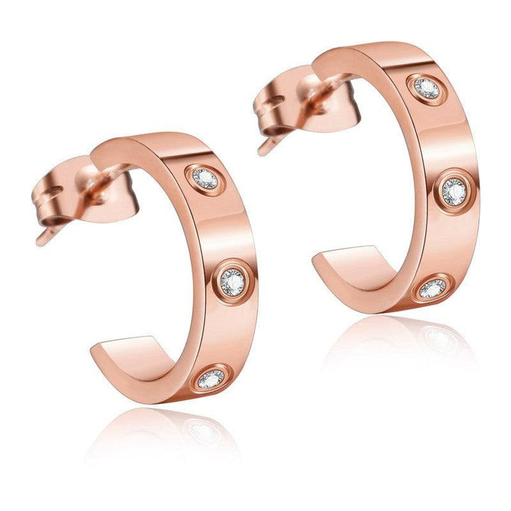 Kalen Stainless Steel Rose Gold Plated Crystal CZ C-shaped Stud Earrings for Women - kalen