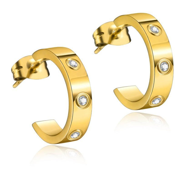 Kalen Stainless Steel Gold Plated Crystal CZ C-shaped Stud Earrings for Women - kalen