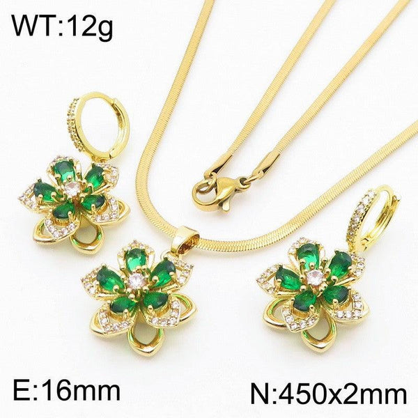 Kalen Stainless Steel Drop Zircon Flower Earrings Necklace Jewelry Set Wholesale for Women - kalen