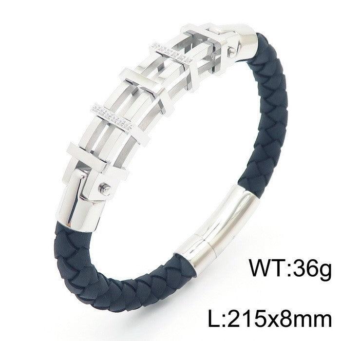 KALEN 12mm Cowhide Leather Zircon Stainless Steel Bracelet for Men - kalen