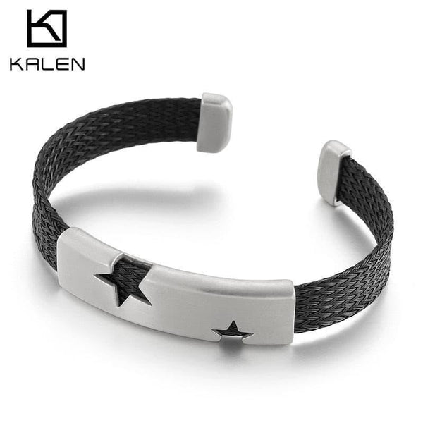 Kalen 10mm Star Stainless Steel Leather Cuff Bracelet Bangles for Men - kalen