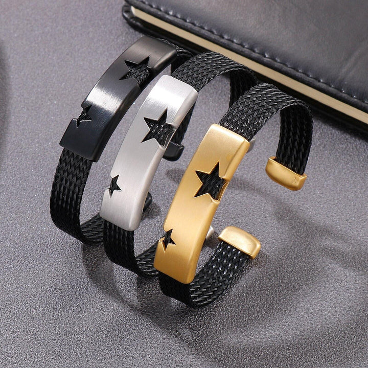 Kalen 10mm Star Stainless Steel Leather Cuff Bracelet Bangles for Men - kalen