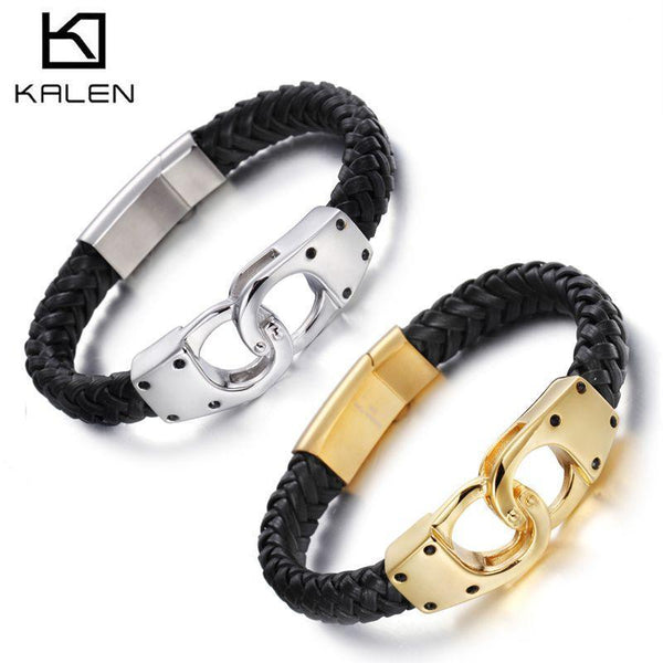 Kalen 11mm Stainless Steel Leather Bracelet Bangle for Men - kalen