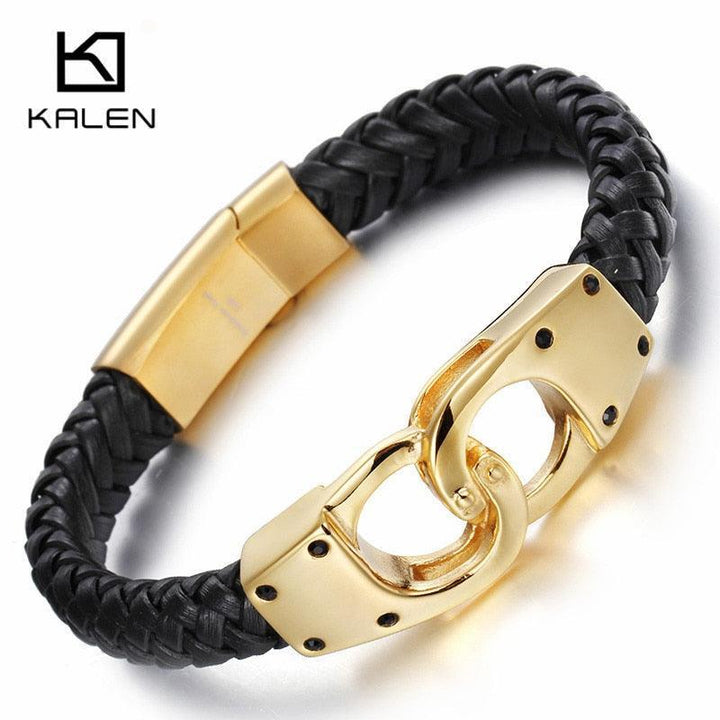 Kalen 11mm Stainless Steel Leather Bracelet Bangle for Men - kalen