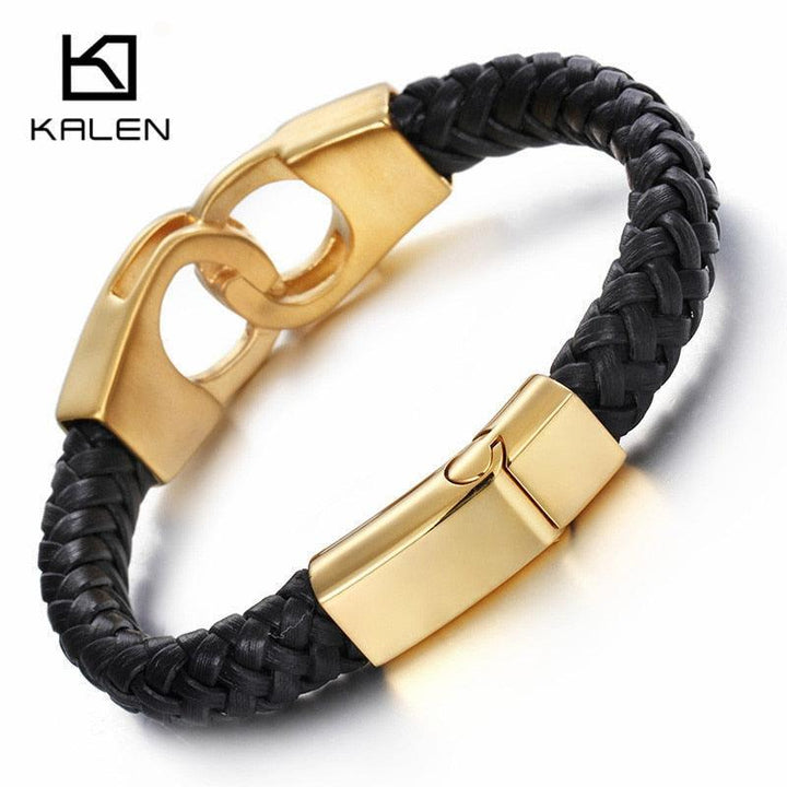 Kalen 11mm Stainless Steel Leather Bracelet Bangle for Men - kalen