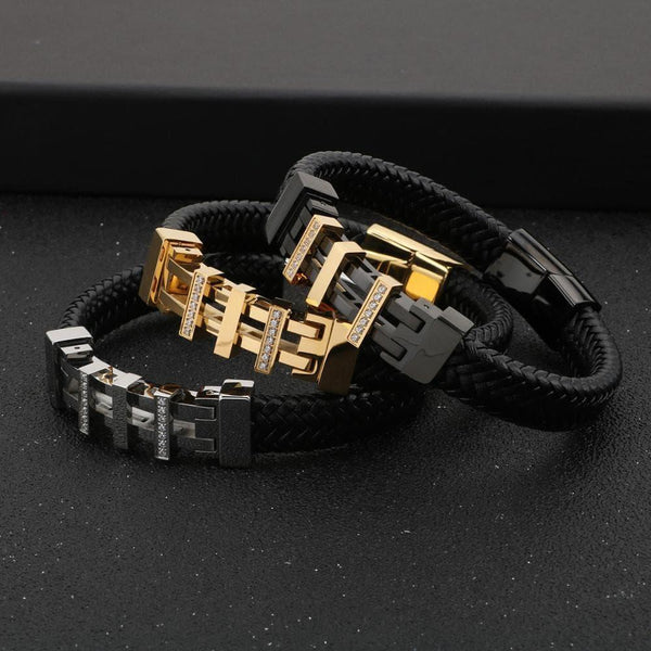 KALEN 11mm Stainless Steel Zircon Leather Bracelet for Men - kalen