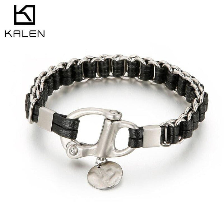 Kalen 12mm Punk Cowhide Leather Stainless Steel Horseshoe Bracelet for Men - kalen