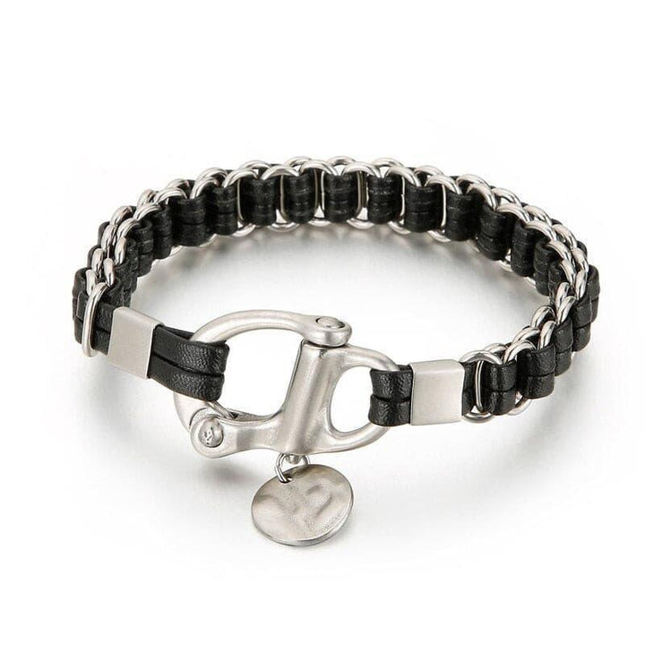 Kalen 12mm Punk Cowhide Leather Stainless Steel Horseshoe Bracelet for Men - kalen