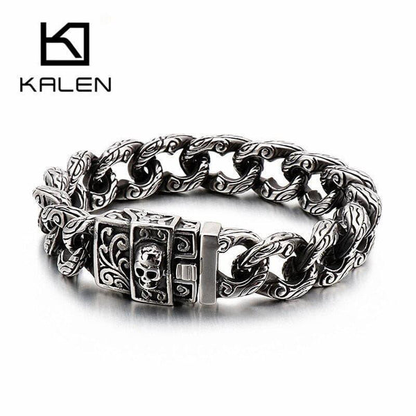 KALEN 13/14mm Punk Cuban Chain Skull Charm Bracelet for Men - kalen