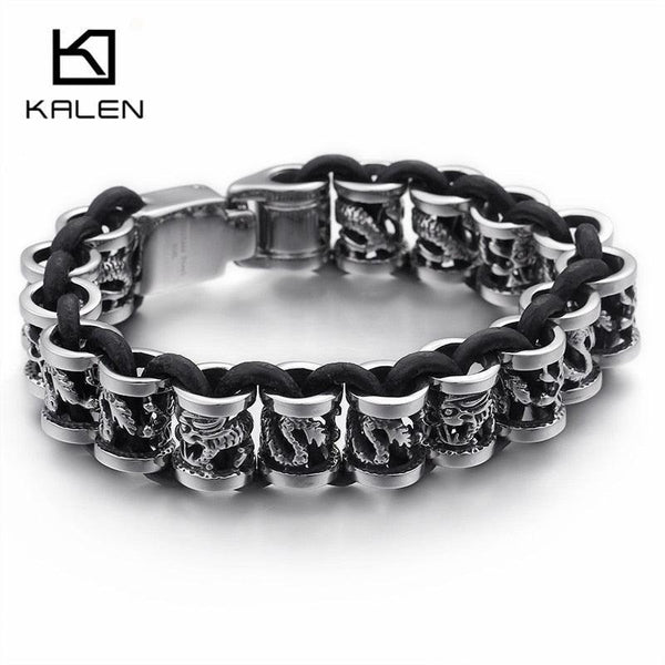 Kalen 14mm Dragon Animal Charm Stainless Steel Leather Bracelet For Men - kalen