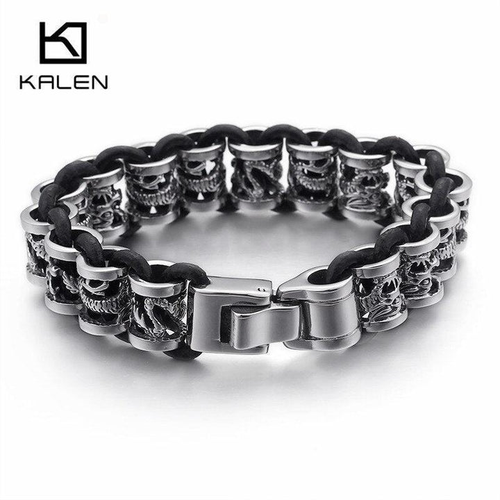 Kalen 14mm Dragon Animal Charm Stainless Steel Leather Bracelet For Men - kalen