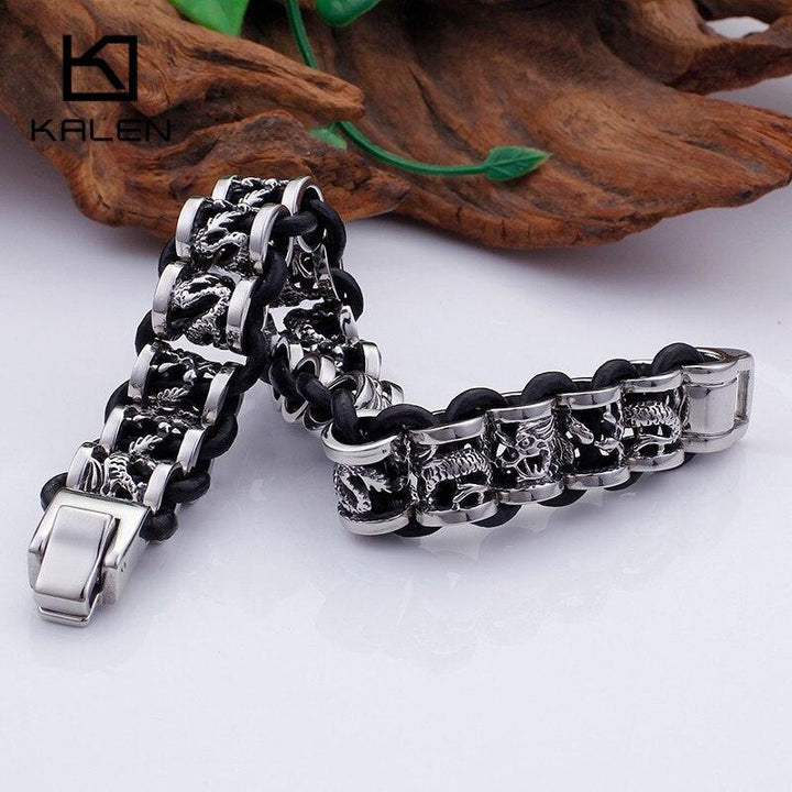 Kalen 14mm Dragon Animal Charm Stainless Steel Leather Bracelet For Men - kalen