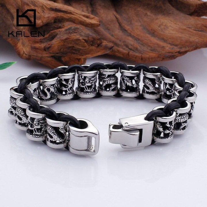 Kalen 14mm Dragon Animal Charm Stainless Steel Leather Bracelet For Men - kalen