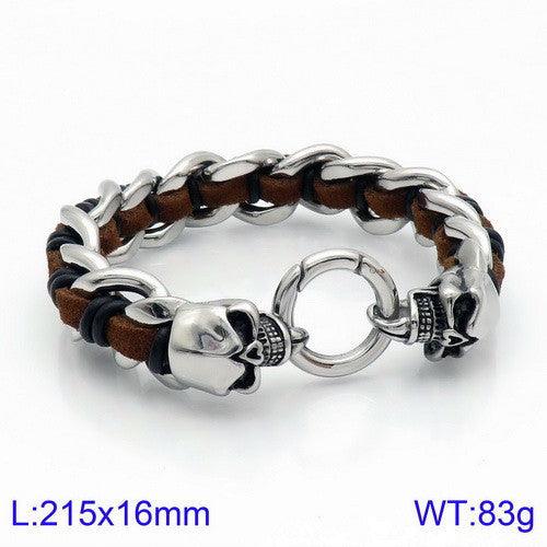 Kalen 16mm Leather Stainless Steel Skull Charm Bracelet For Men - kalen