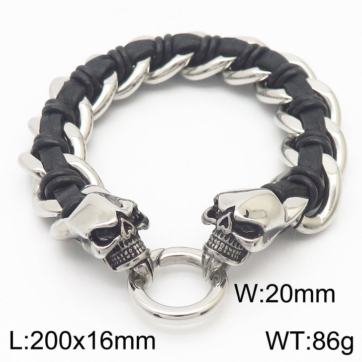 Kalen 16mm Leather Stainless Steel Skull Charm Bracelet For Men - kalen