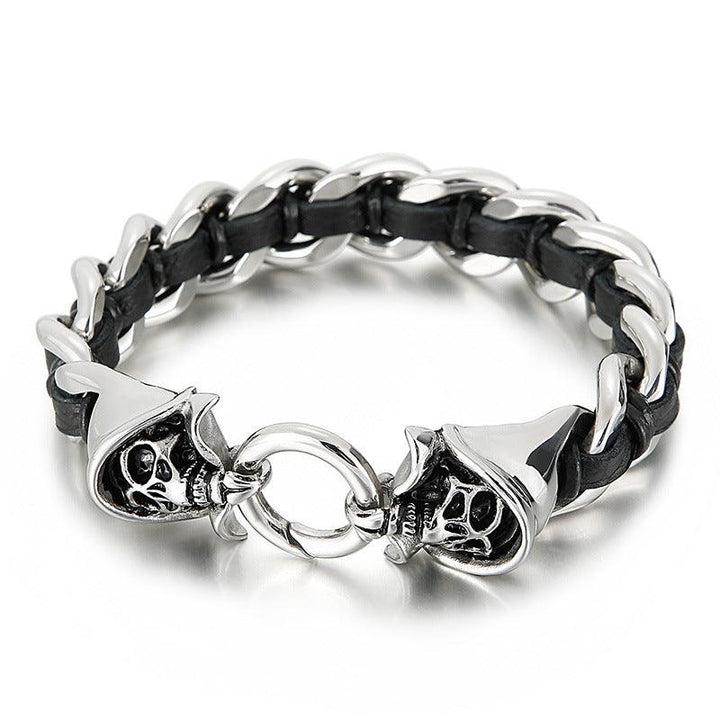 Kalen 16mm Leather Stainless Steel Skull Charm Bracelet For Men - kalen