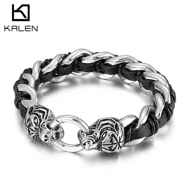 Kalen 16mm Leather Stainless Steel Tiger Animal Charm Bracelet For Men - kalen