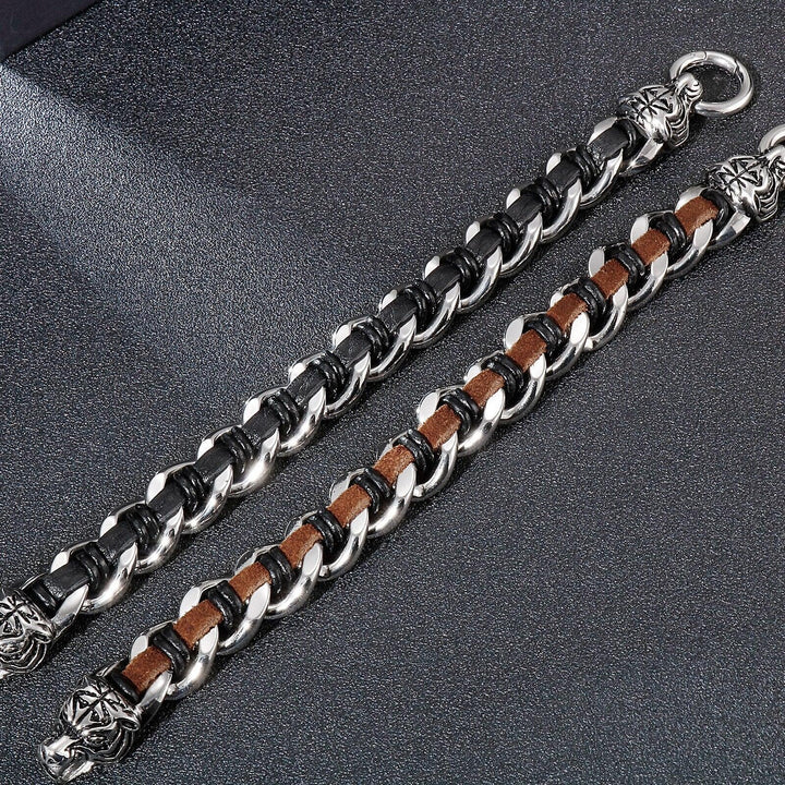 Kalen 16mm Leather Stainless Steel Tiger Animal Charm Bracelet For Men - kalen
