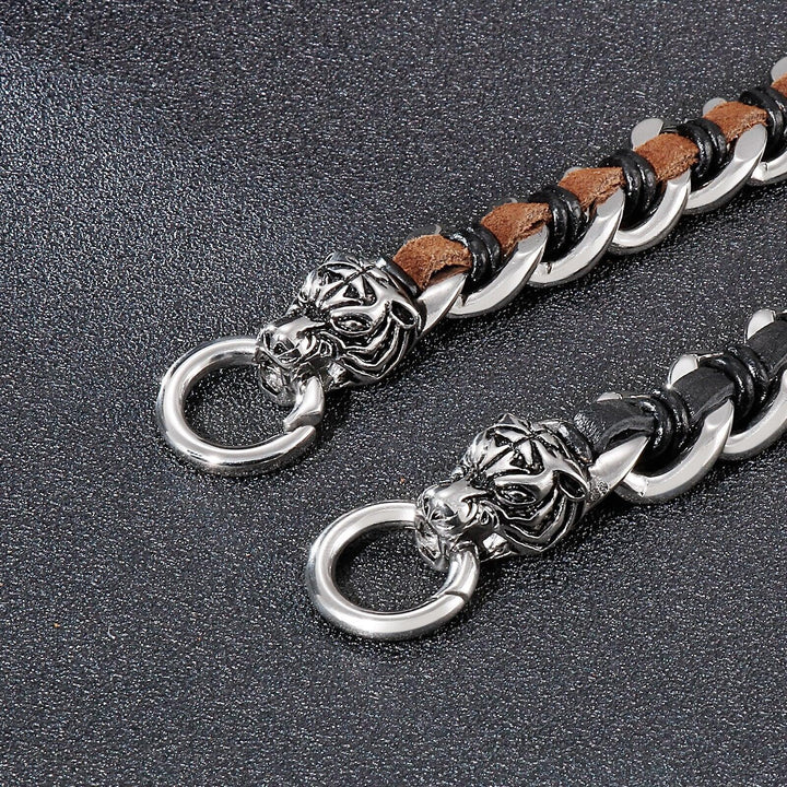 Kalen 16mm Leather Stainless Steel Tiger Animal Charm Bracelet For Men - kalen
