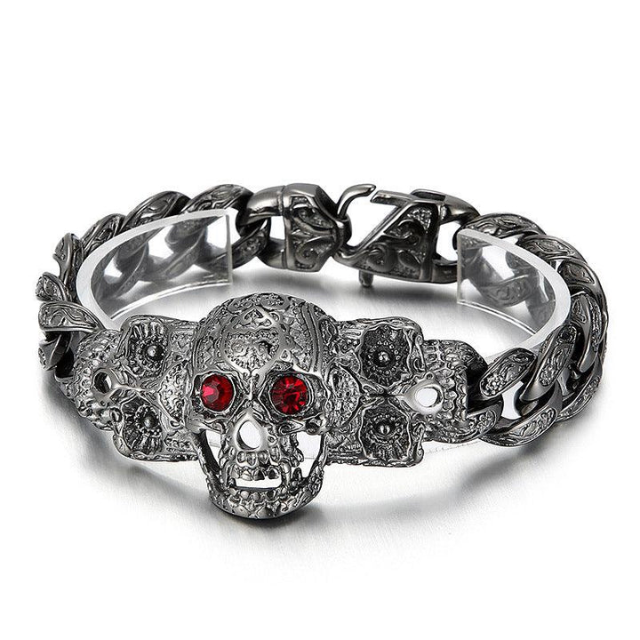 KALEN 16mm Punk Stainless Steel Skull Charm Blue Red Zircon Eyes Bracelet For Men - kalen