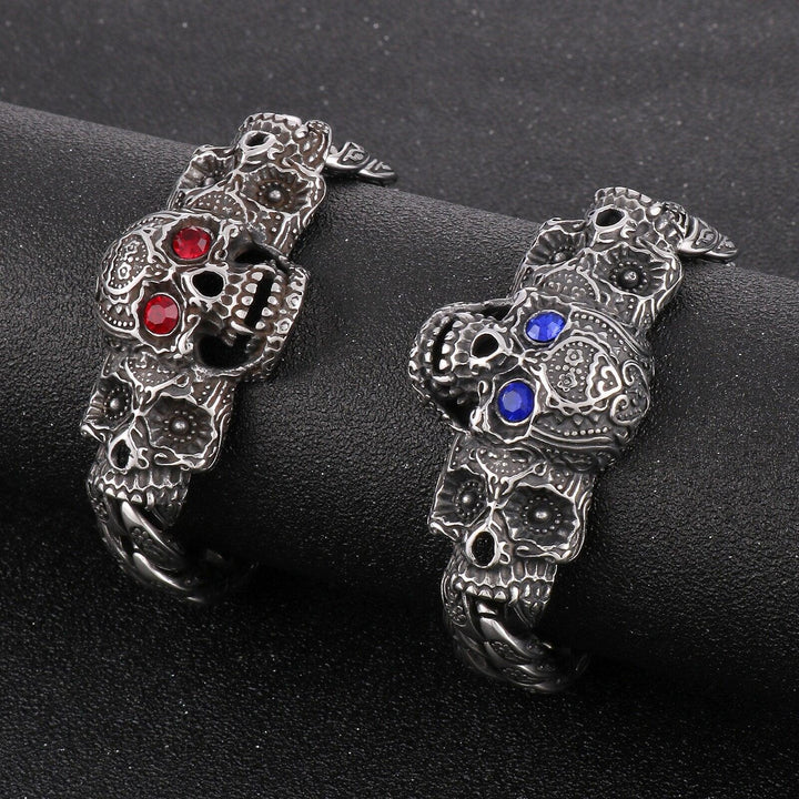 KALEN 16mm Punk Stainless Steel Skull Charm Blue Red Zircon Eyes Bracelet For Men - kalen