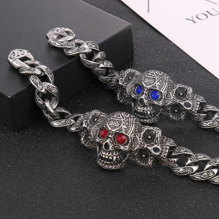 KALEN 16mm Punk Stainless Steel Skull Charm Blue Red Zircon Eyes Bracelet For Men - kalen