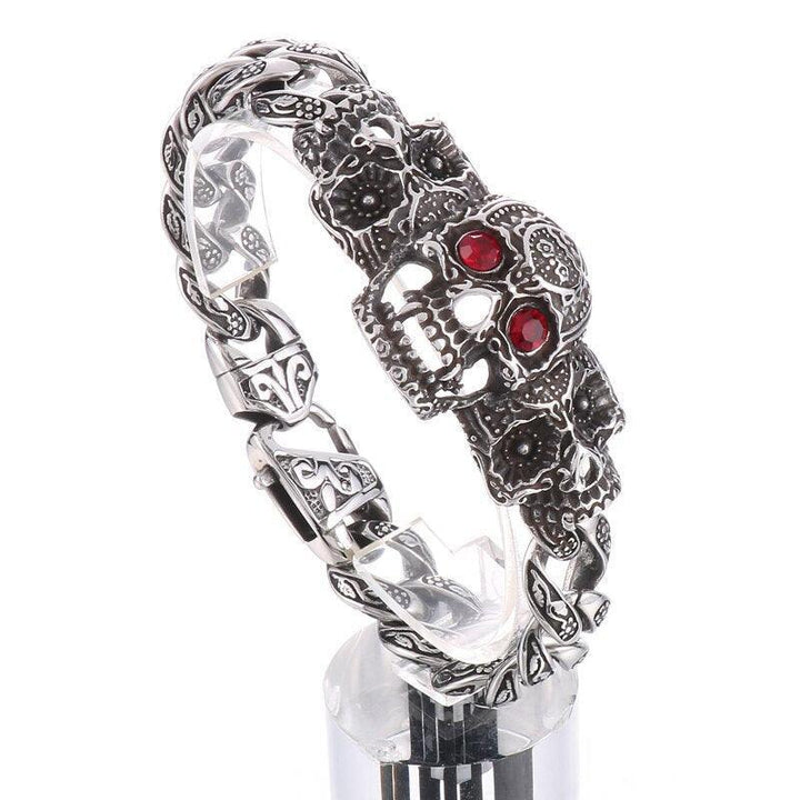 KALEN 16mm Punk Stainless Steel Skull Charm Blue Red Zircon Eyes Bracelet For Men - kalen