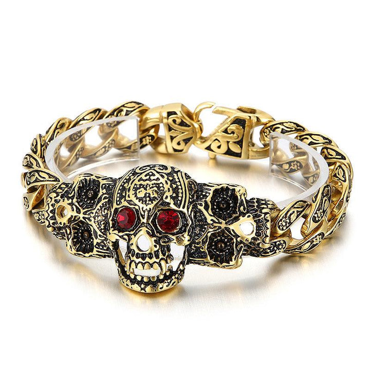 KALEN 16mm Punk Stainless Steel Skull Charm Blue Red Zircon Eyes Bracelet For Men - kalen