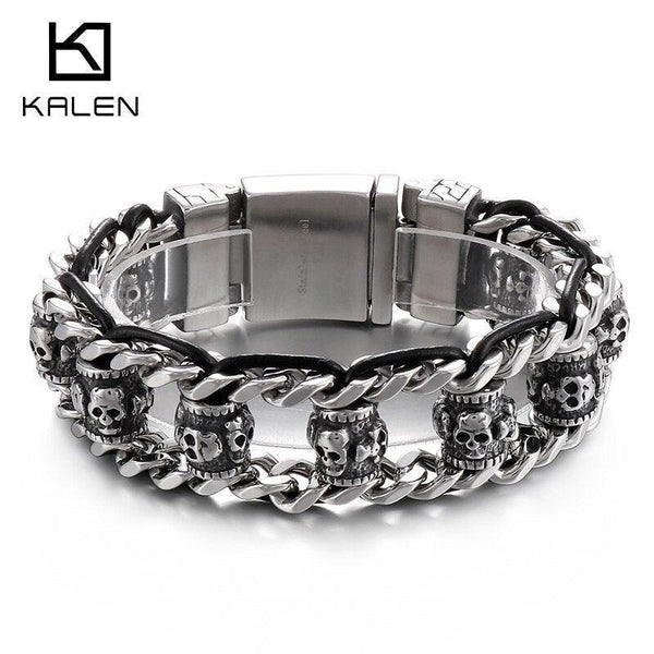 KALEN 20mm Punk Skull Charm Cowhide Leather Bracelet for Men - kalen