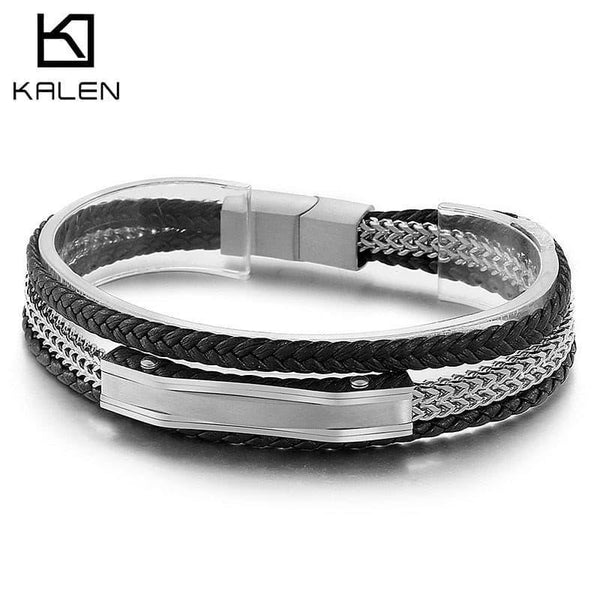 Kalen 5mm Multy layer Chain Stainless Steel Leather Bracelet for Men - kalen