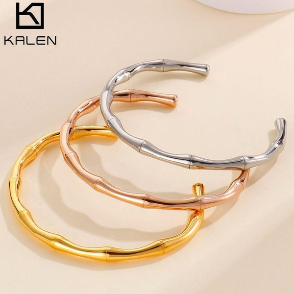 KALEN 5mm Stainless Steel Gold Color Bamboo Joint Cuff Bangles Bracelet For Women - kalen
