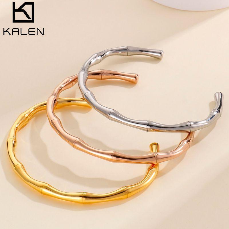 KALEN 5mm Stainless Steel Gold Color Bamboo Joint Cuff Bangles Bracelet For Women - kalen