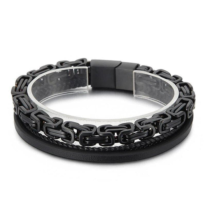 KALEN 7mm Double Layer Stainless Steel Byzantine Chain Cowhide Leather Bracelet for Men - kalen