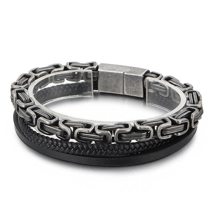 KALEN 7mm Double Layer Stainless Steel Byzantine Chain Cowhide Leather Bracelet for Men - kalen