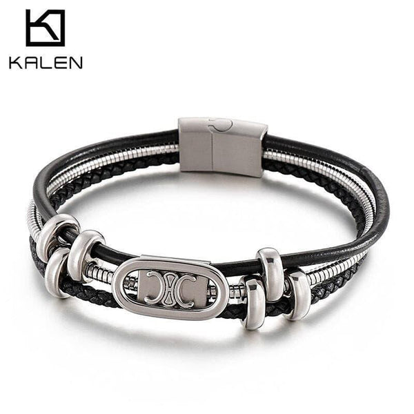 Kalen 9mm Multy layer Chain Stainless Steel Leather Bracelet for Men - kalen