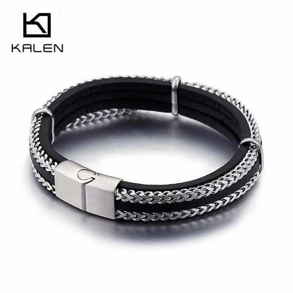 KALEN Layered 12mm Cowhide Leather Franco Chain Bracelet Bangle for Men - kalen