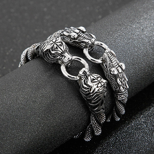 Kalen Punk 10mm Stainless Steel Cowhide Dragon Tiger Head Charm Animal Bracelet for Men - kalen