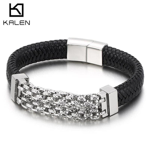 Kalen Punk 12mm Stainless Steel Chain Leather Bracelet For Men - kalen