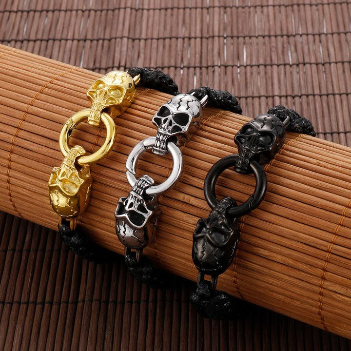 KALEN Punk 12mm Wax Rope Leather Stainless Steel Skull Bracelet for Men - kalen