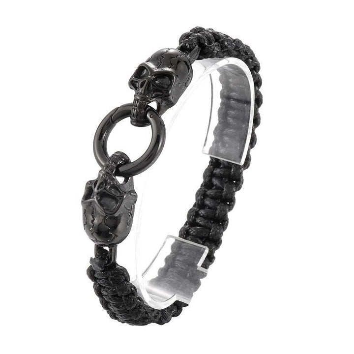 KALEN Punk 12mm Wax Rope Leather Stainless Steel Skull Bracelet for Men - kalen