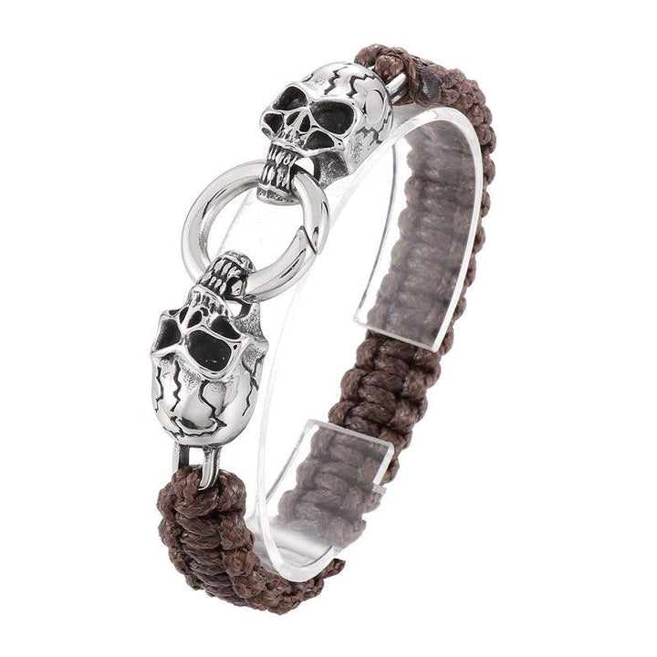 KALEN Punk 12mm Wax Rope Leather Stainless Steel Skull Bracelet for Men - kalen