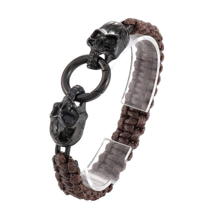 KALEN Punk 12mm Wax Rope Leather Stainless Steel Skull Bracelet for Men - kalen