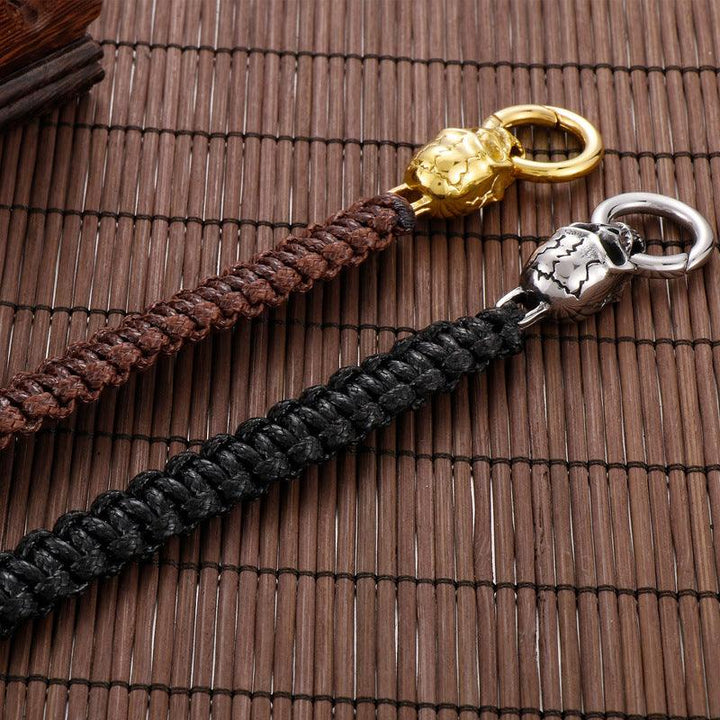 KALEN Punk 12mm Wax Rope Leather Stainless Steel Skull Bracelet for Men - kalen