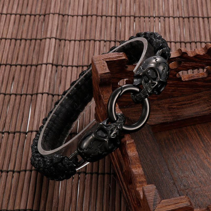 KALEN Punk 12mm Wax Rope Leather Stainless Steel Skull Bracelet for Men - kalen